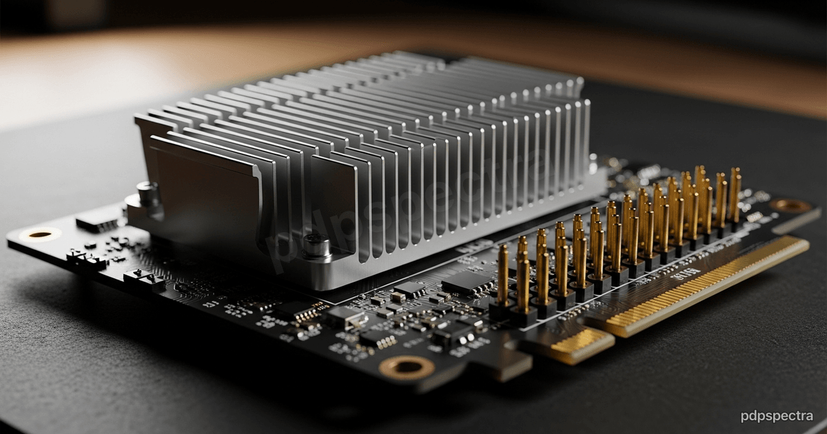 A high-performance AI accelerator board with heat sink fins on a workbench