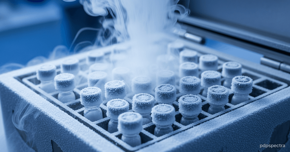 Cryogenic sample vials in a liquid-nitrogen storage rack