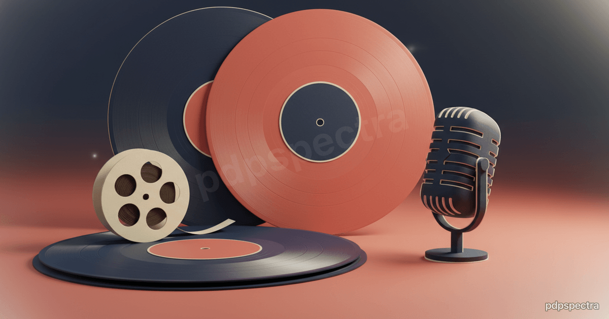 Stacked vinyl records beside a folded paper film reel and a microphone silhouette representing AI's reach across music and film