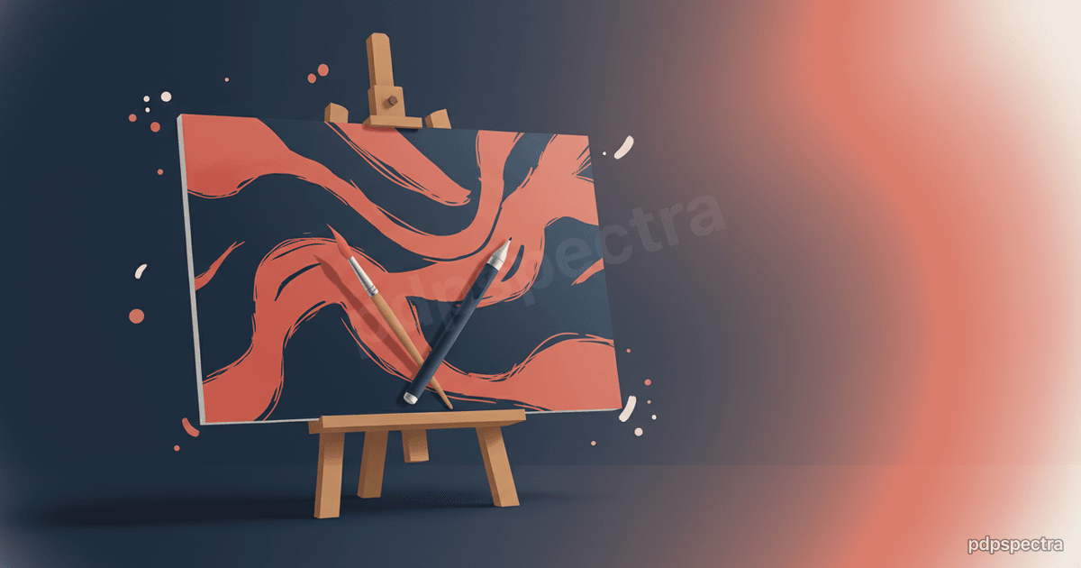 Stylised canvas on an easel with a paint brush and a tablet stylus crossed in front of it