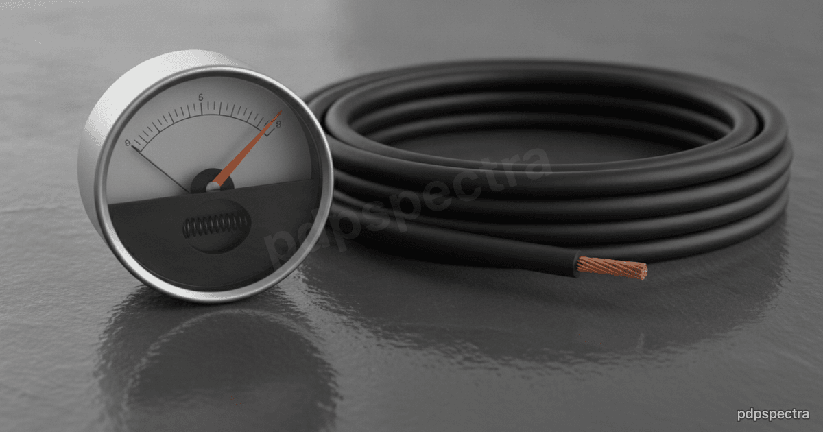 An analog power meter with a sweeping needle beside a heavy electrical cable