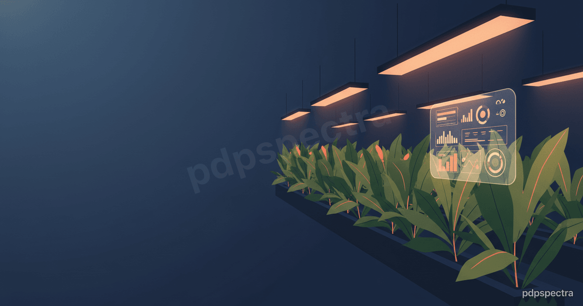 Stylised greenhouse interior with rows of green plants under warm grow-light glow and a small data dashboard panel beside them