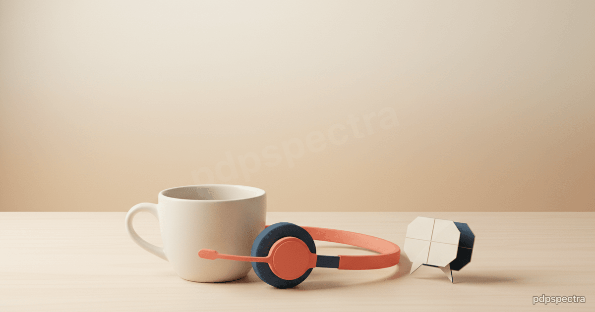 Stylised desk with a coffee cup, headset, and folded paper chat bubble representing AI augmentation in customer support