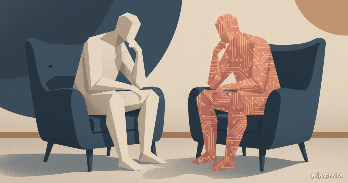Two stylised chairs side by side, one occupied by a paper-folded human silhouette and one by a circuit-pattern silhouette, representing human-AI co-working