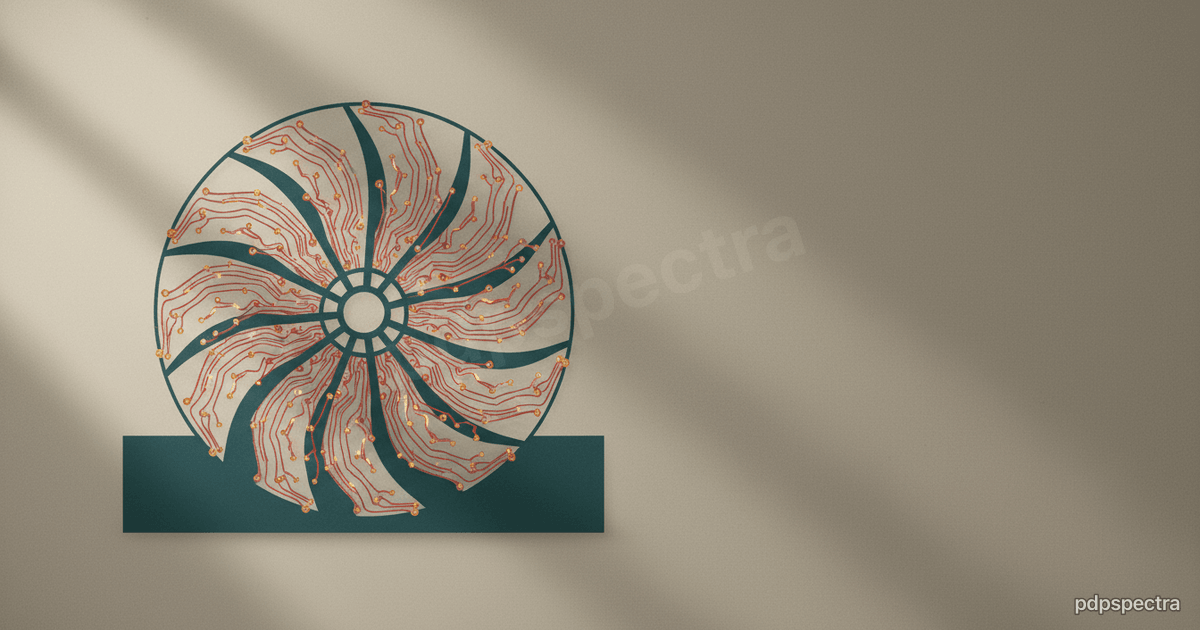 Hydropower turbine outline with circuit threads tracing its blades
