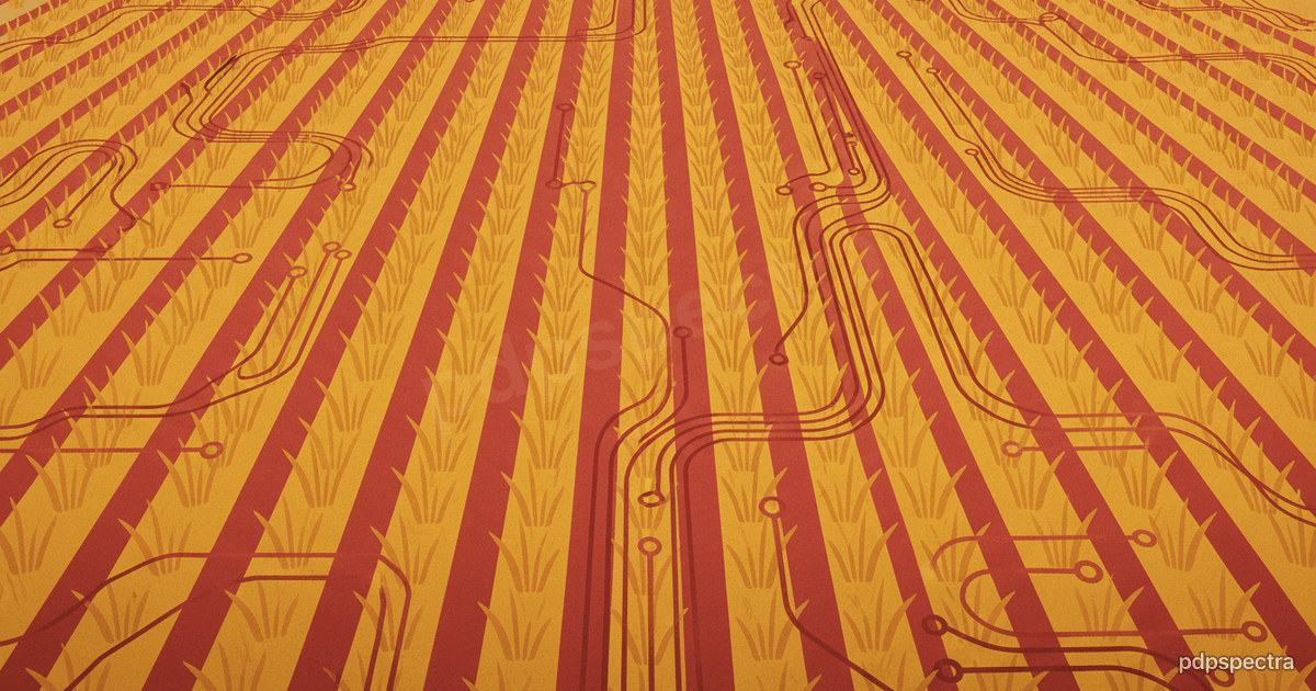 Rice paddy line drawing with circuit threads weaving across field rows
