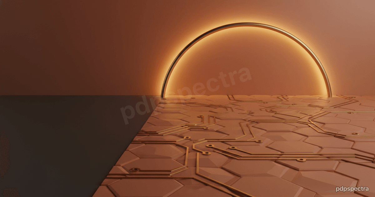 Salt-flat hexagon pattern with circuit lines and a thin gold sun