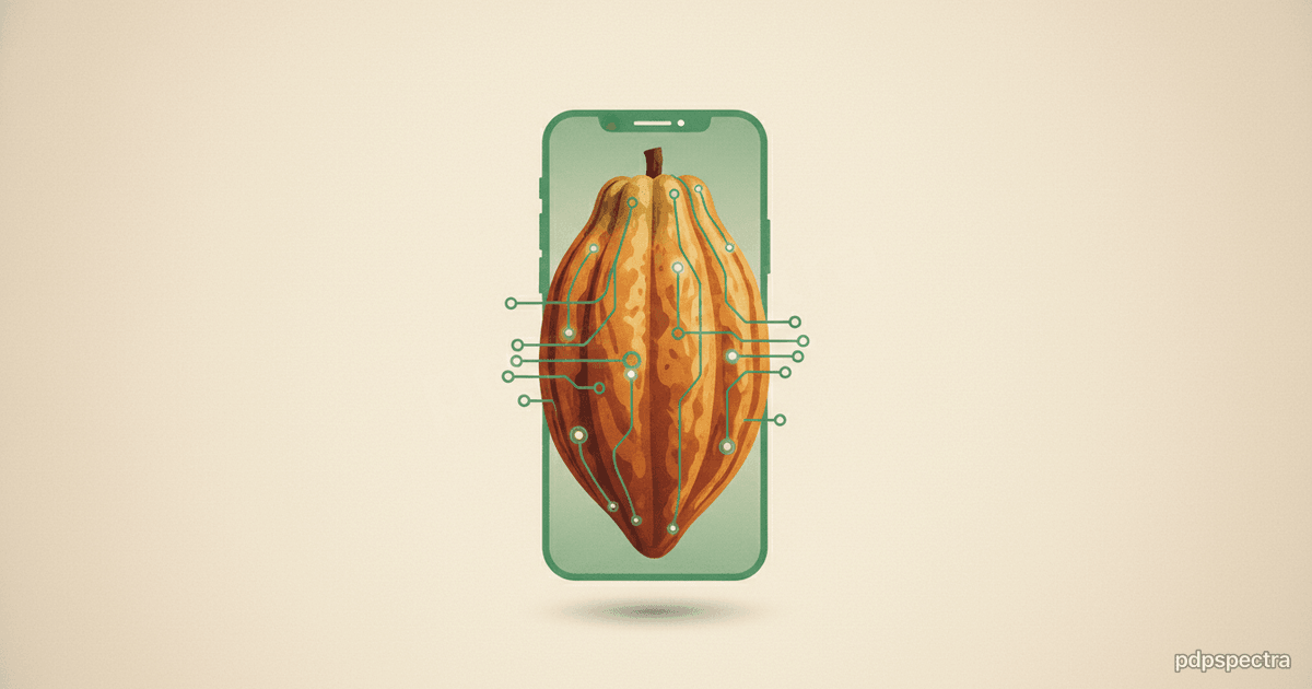 Ghanaian cocoa pod with mobile phone and AI traces