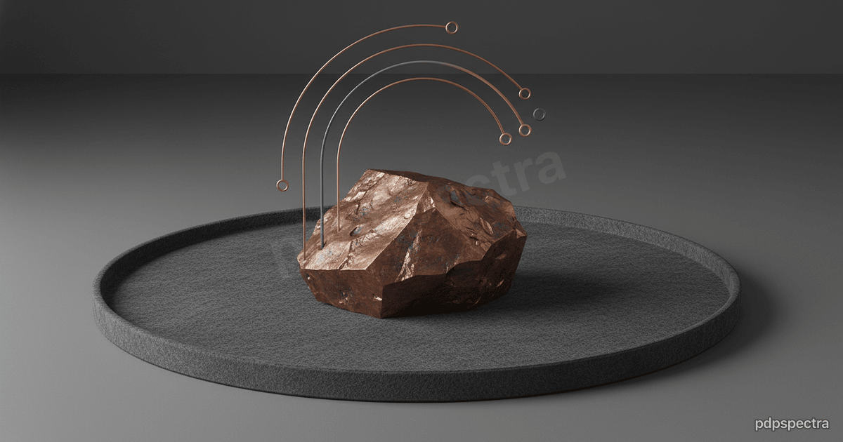 Copper ore on a felt platter with circuit threads arcing above it