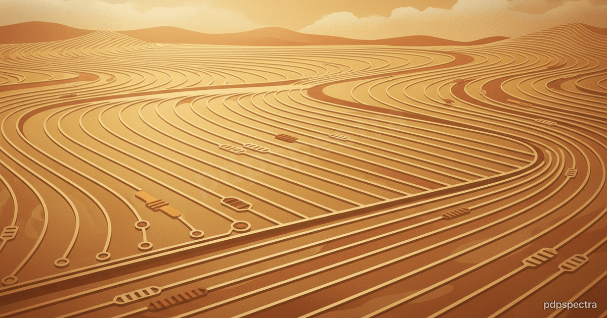 Rice paddy line drawing with circuit threads weaving across field rows