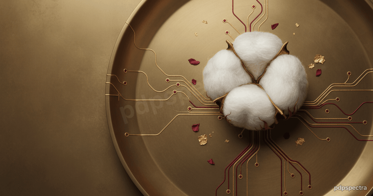 Cotton boll on a brass platter with circuit threads