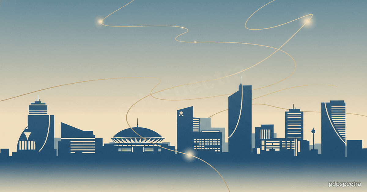 Rwandan Kigali skyline with drone trail and AI traces