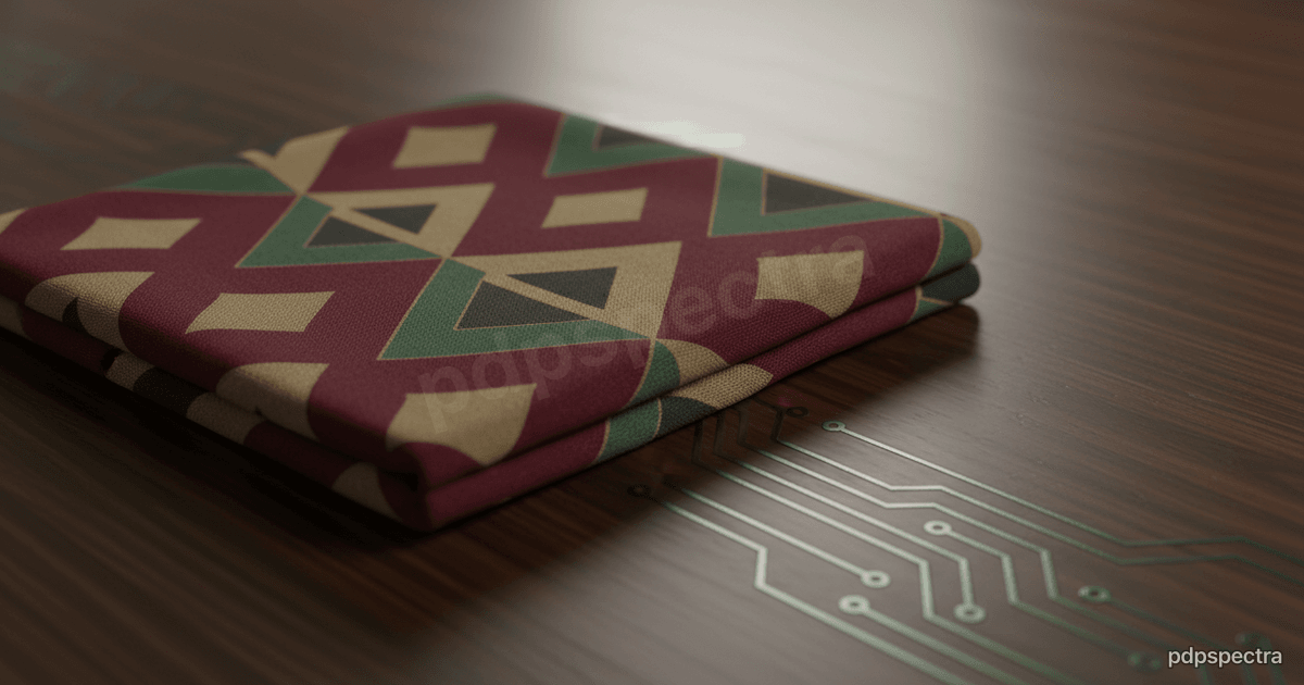 Ugandan barkcloth motif over a circuit pattern