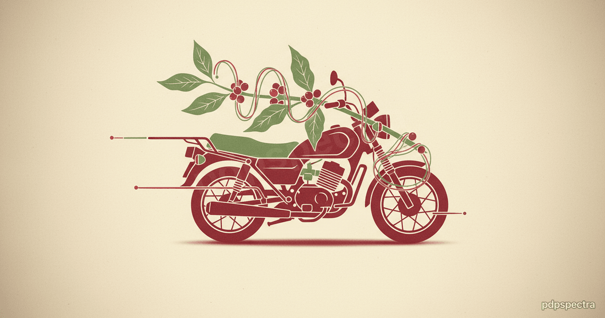 Ugandan boda-boda and coffee branch with AI traces