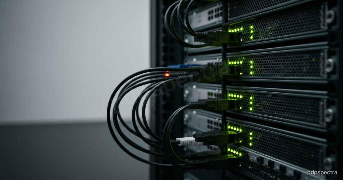 Hospital server rack with network cabling and status lights in a data-center corridor