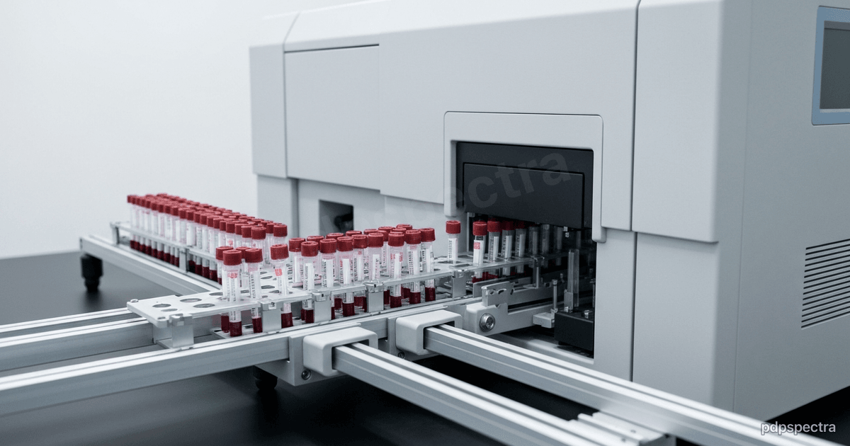 Clinical laboratory analyzer processing racks of blood sample tubes on a track