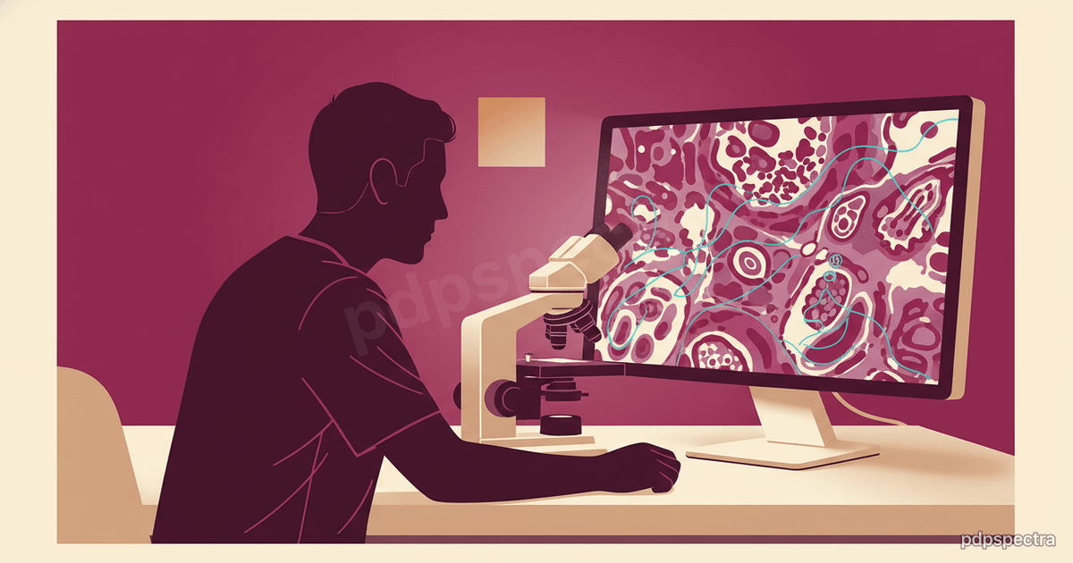 Pathologist reviewing AI-annotated slide on screen