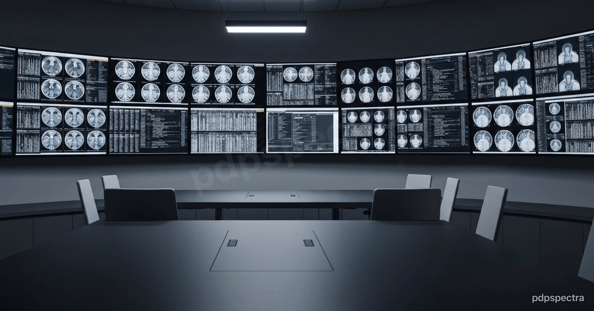 Molecular tumor board room with a wall of monitors showing imaging and data panels