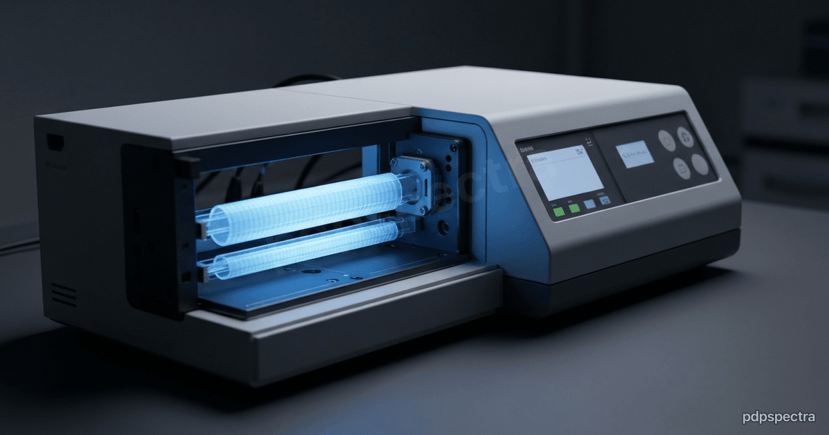 Benchtop DNA sequencer with a loaded flow cell glowing faint blue