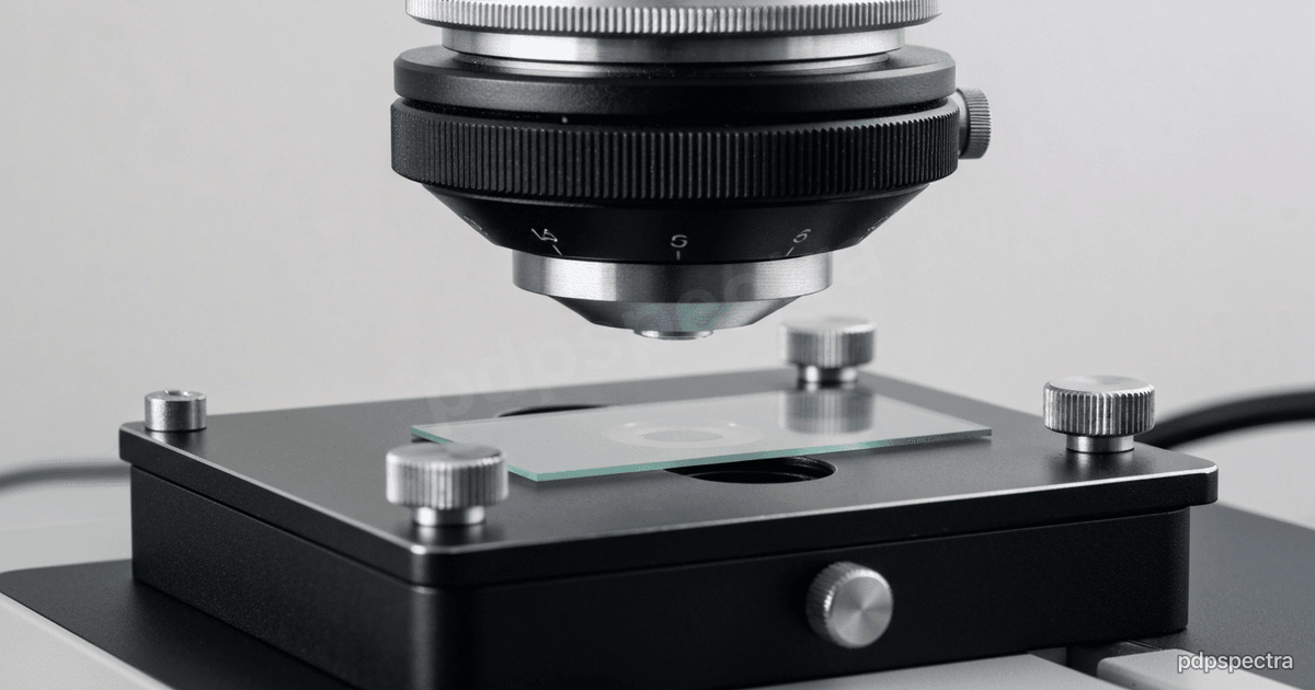 Confocal microscope objective turret above a glass slide
