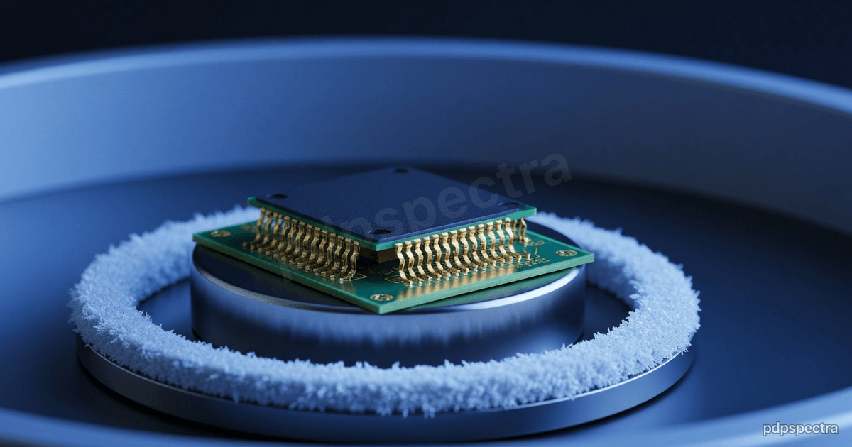 Superconducting logic chip on a cold-finger inside a cryostat, rimmed with frost