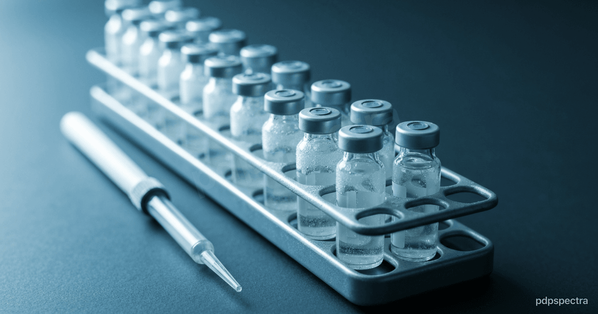 Clear vials in a chilled laboratory rack beside a pipette