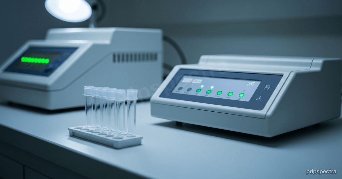 Benchtop thermal cycler and clear PCR tube strip on a clean lab bench