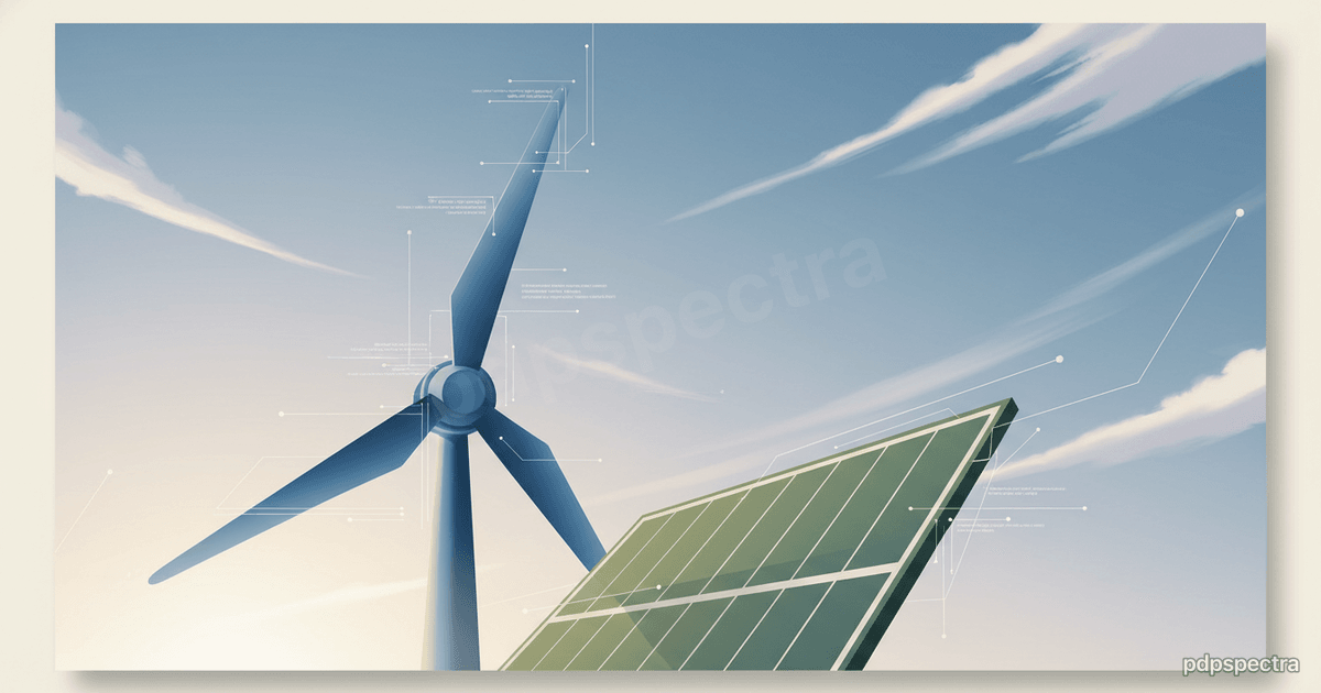 Wind turbines and solar panels under a streaked sky