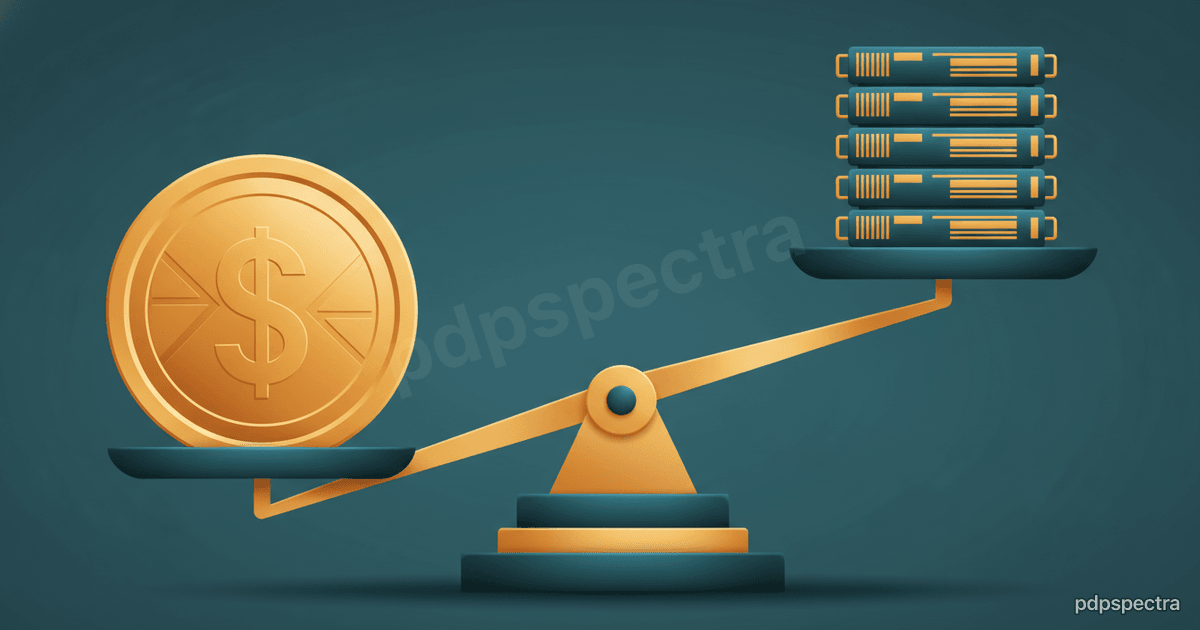 Stylised balance scale weighing a dollar coin against rows of server racks representing capex versus revenue