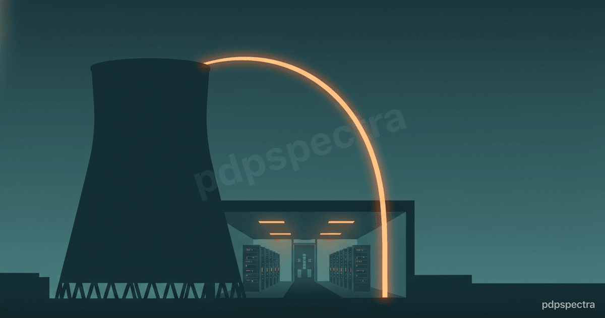 Stylised cooling tower silhouette with a glowing power curve feeding a server hall
