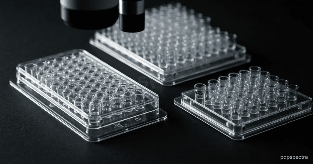 Protein crystallization droplets in clear microplate wells under a stereo microscope
