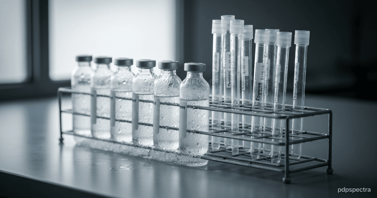 Chilled metal rack of clear sample vials and tubes on a clean lab bench