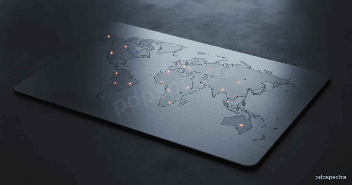 A world map etched on steel with glowing regional nodes
