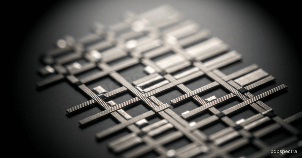 Extreme macro of a memory crossbar die showing a grid of intersecting metal lines