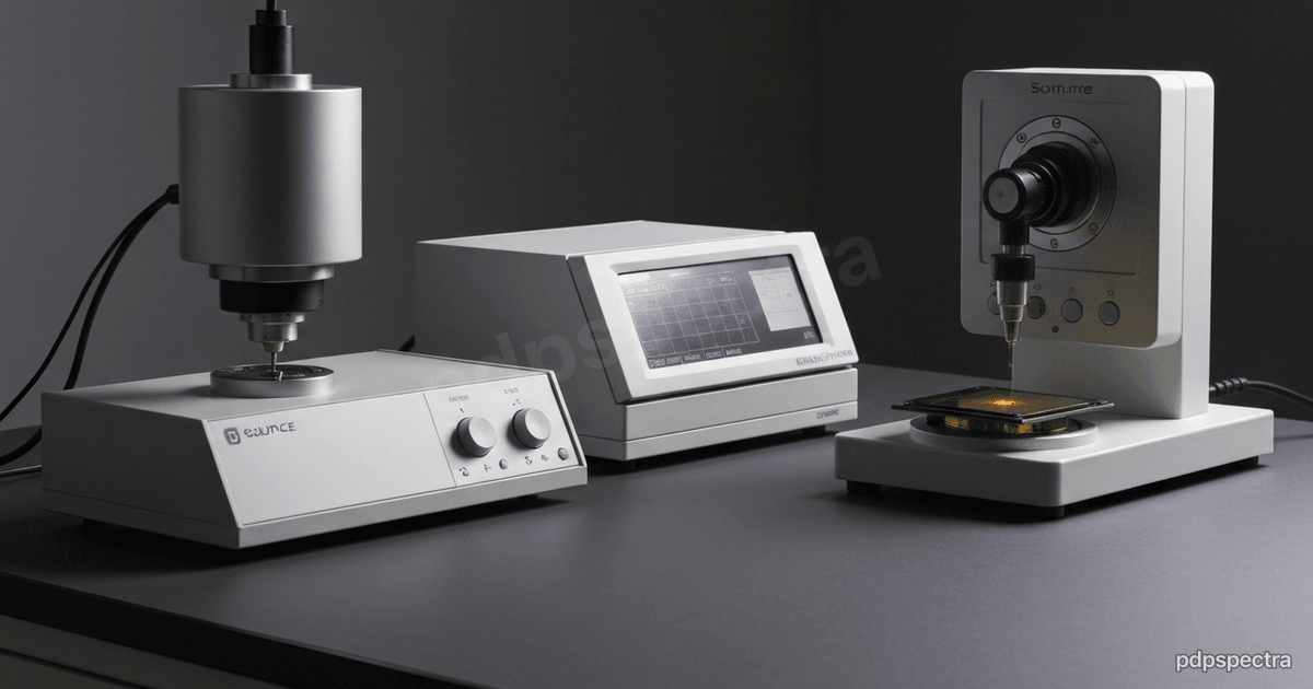 Precision lab bench with a source-measure unit and a wafer under focused light