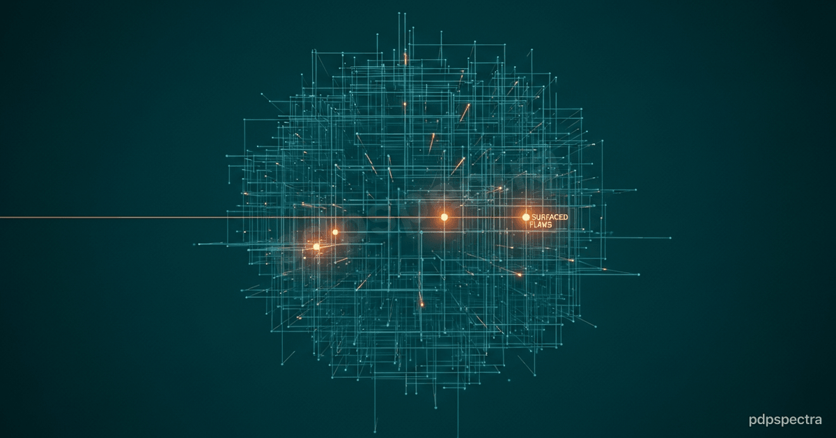 A dense lattice of code lines with a handful of nodes lit amber to mark surfaced flaws, a scanning line sweeping through