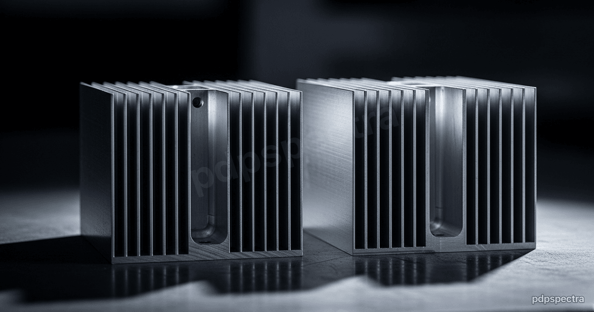 Two identical machined aluminium heat sinks side by side on a workbench