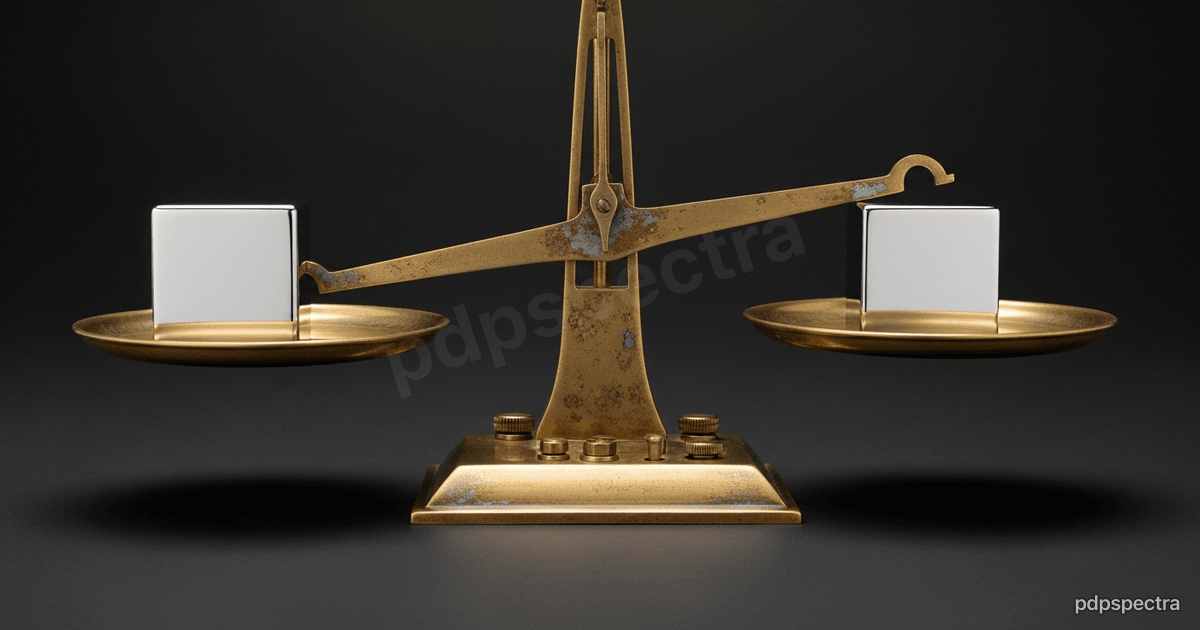 Brass beam balance scale holding polished metal blocks of unequal size