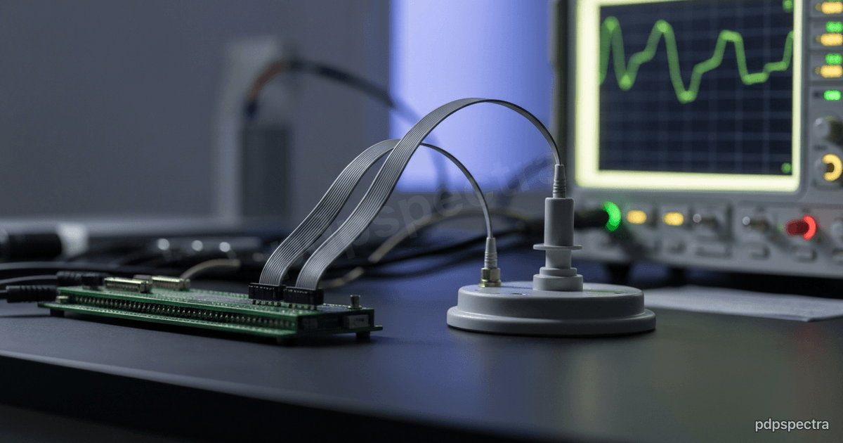 Neural signal recording rig with ribbon cables on a lab bench