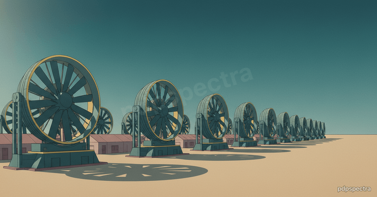 Direct-air-capture plant with rows of fan collectors against a clear sky
