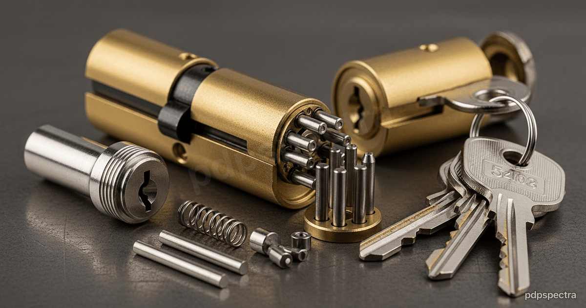 Brass lock cylinder disassembled beside individually cut keys on numbered hooks