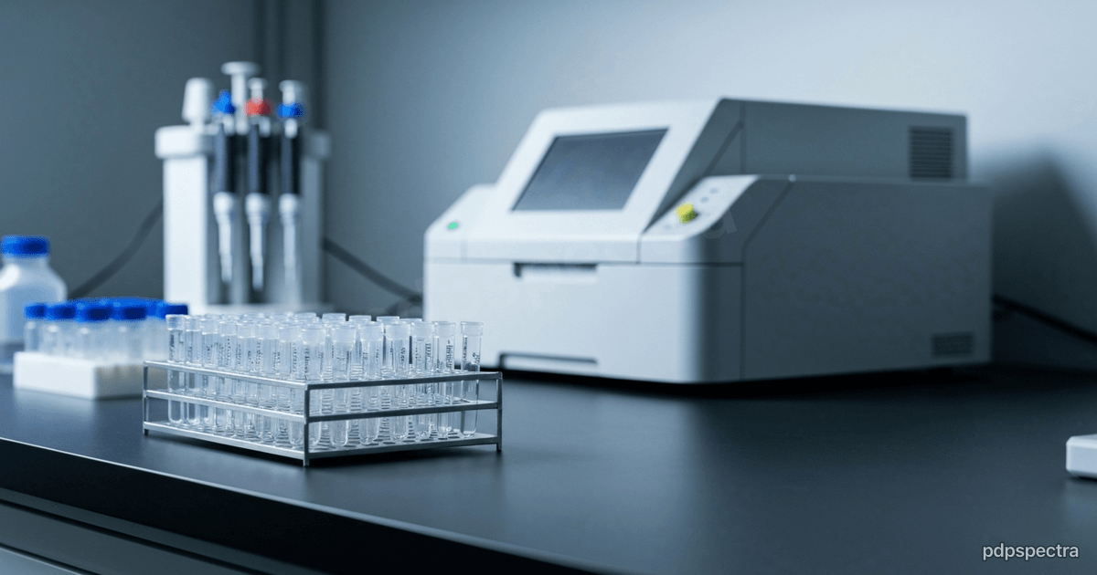Genomics laboratory bench with racks of sample tubes and a bench-top sequencer