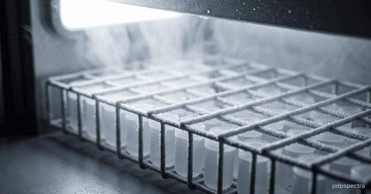 Cryogenic freezer rack filled with frosted sample vials with cold vapor
