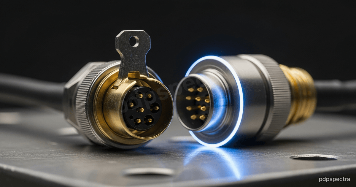 Multi-pin industrial connector half-mated with its keyed socket