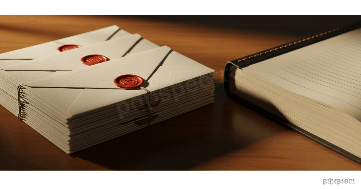 Sealed wax-stamped archival envelopes beside a bound registry ledger