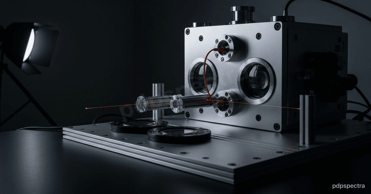 Ultra-high-vacuum ion-trap chamber with viewports and laser beam paths in a darkened optics lab