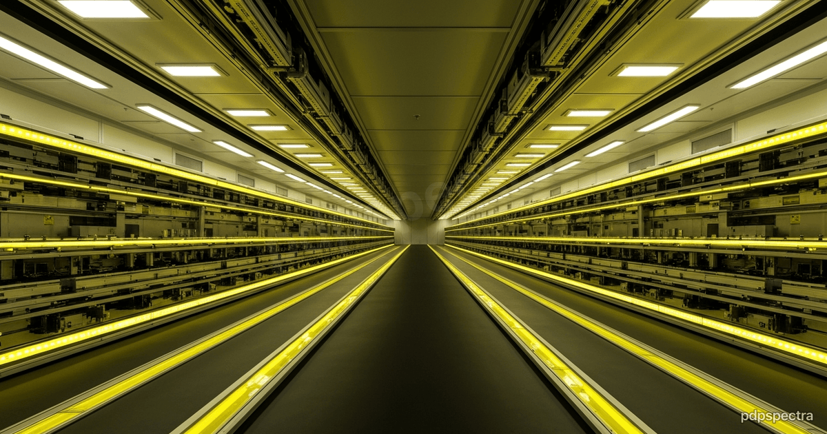 Cleanroom interior with rows of yellow-lit lithography equipment