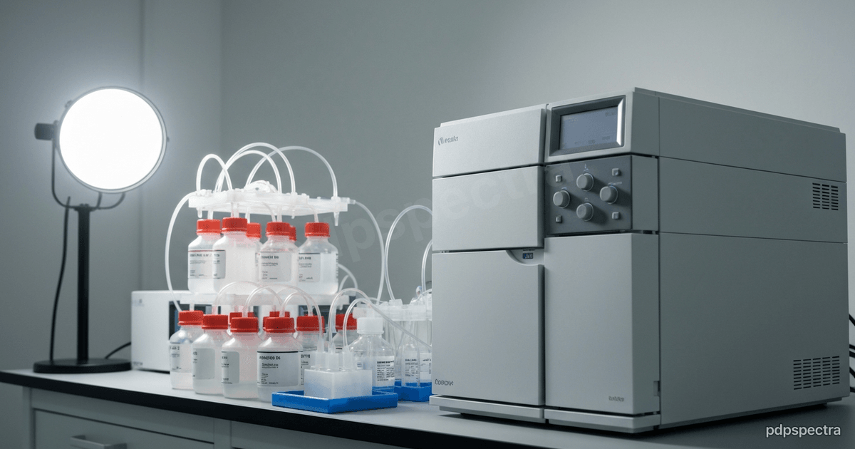 Laboratory sample vials on a stainless steel autosampler tray