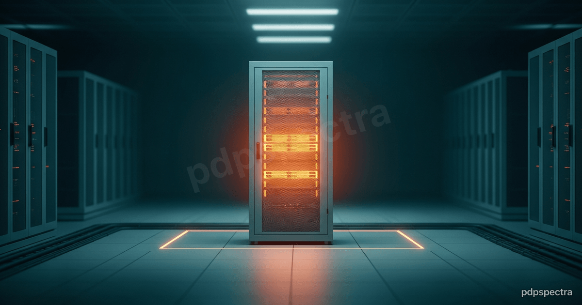 A single warm-lit server rack inside a corporate data hall, ringed by a thin residency perimeter line
