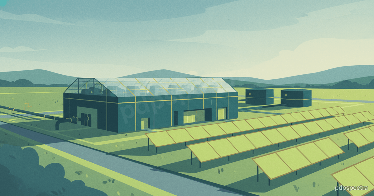 Green hydrogen plant exterior with electrolyzer hall and on-site solar field